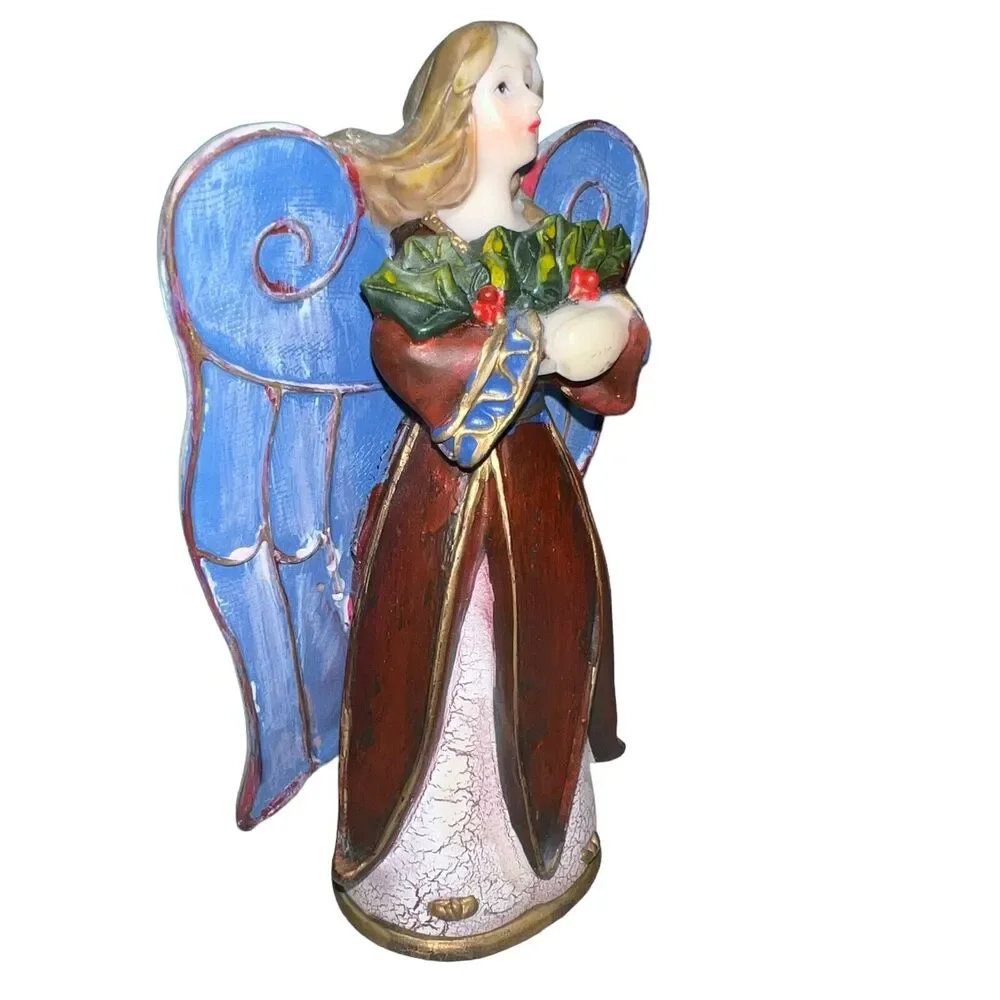 Angel Christmas Figurine Blue Wings Holiday Religious Home Decor Farmhouse Style